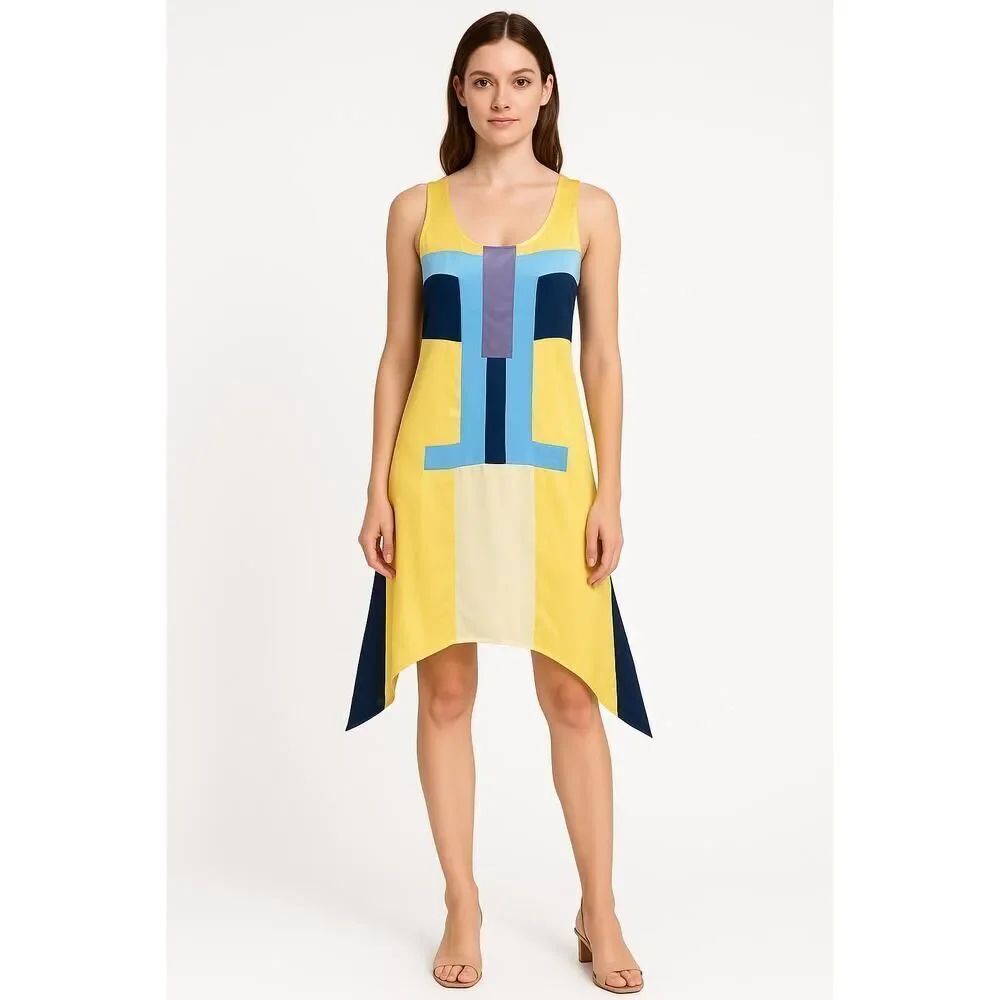 Beth Bowley Yellow Blue Mod Silk Retro Colorblock Asymmetrical Dress Womens S